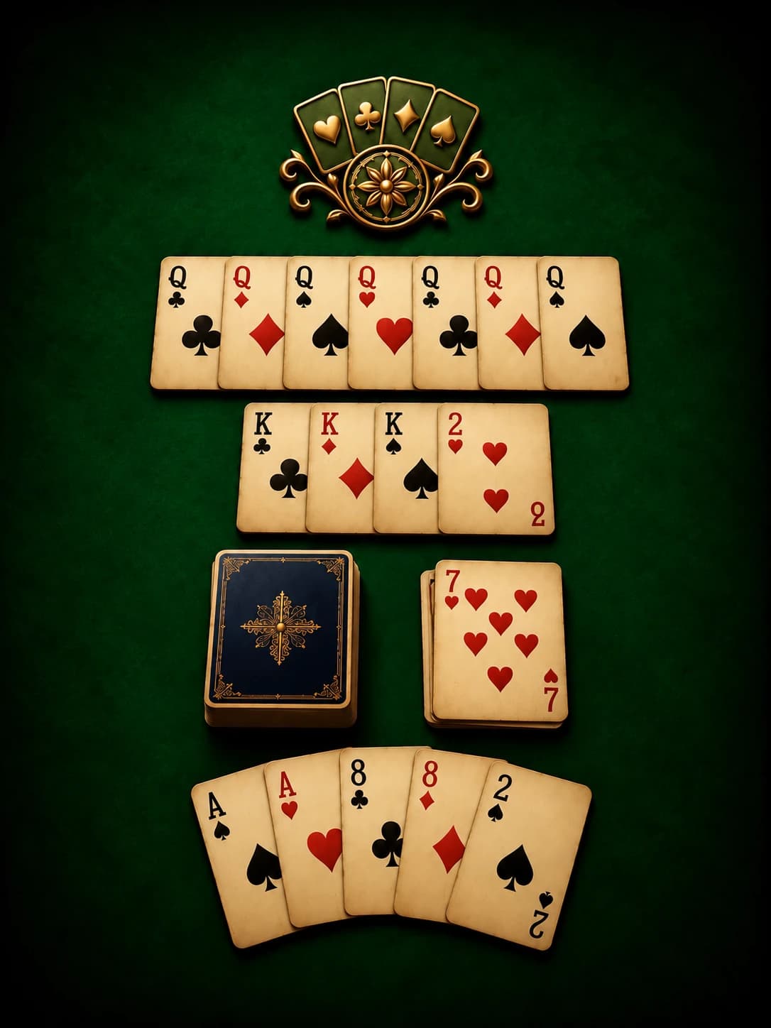 Doğal Canasta oluşturan yedi kız kartının sıralandığı Canasta görseli.
