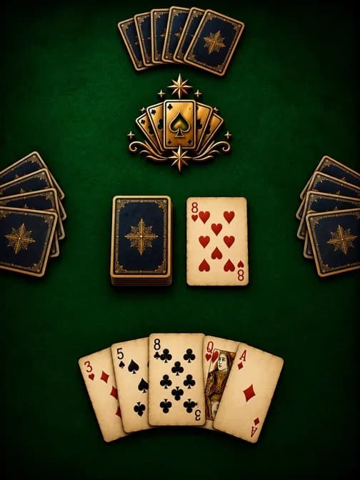 Crazy Eights masası: iskarta yığınında kupa sekizli ve altta beş kartlık el.