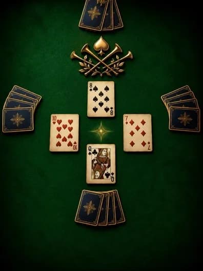 Mesa para cuatro con una baza central y manos boca abajo, usada para Euchre en Cardems.